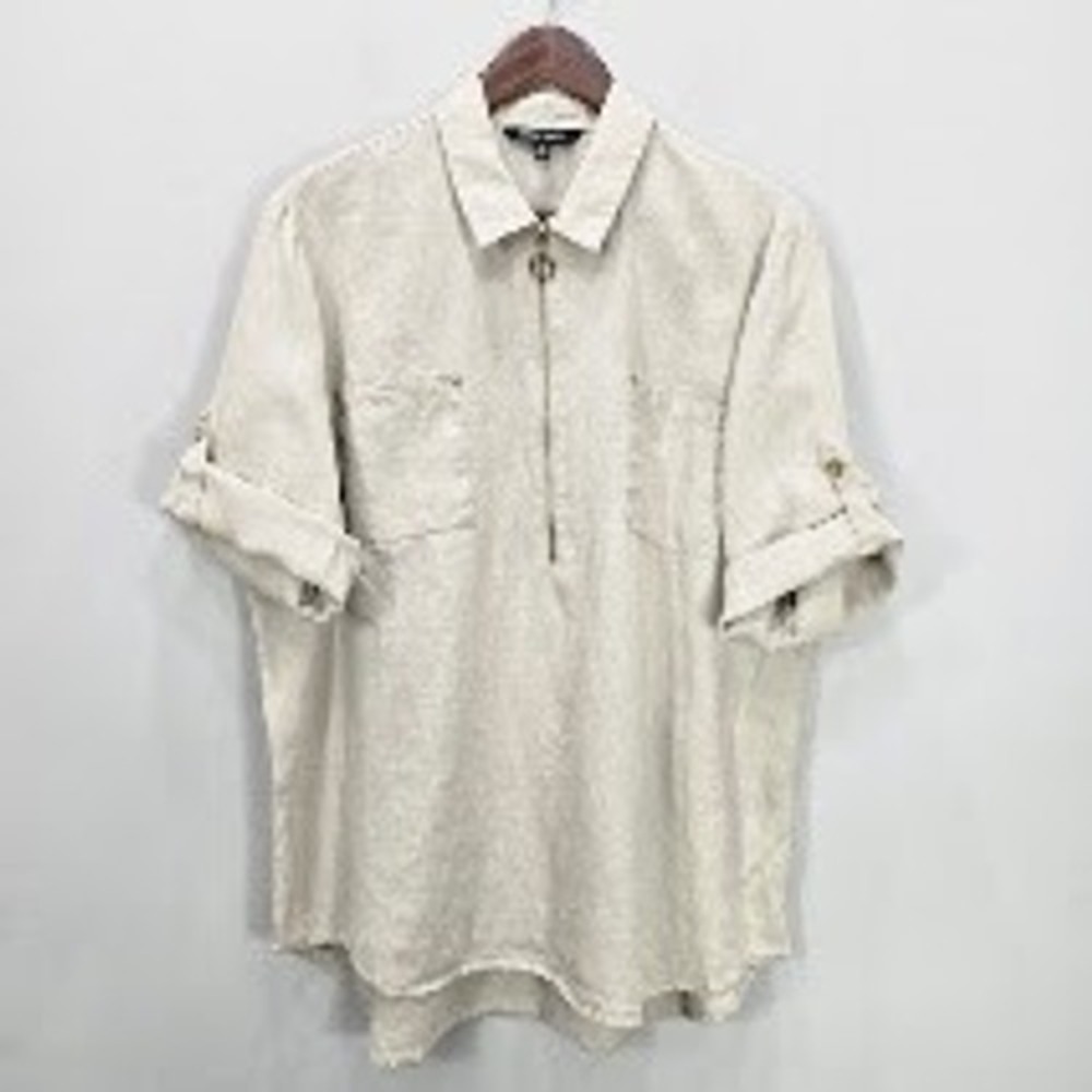 Ellen Tracy‎ Pullover Top XL Beige 100% Linen Vacation Travel Resort Office Gold